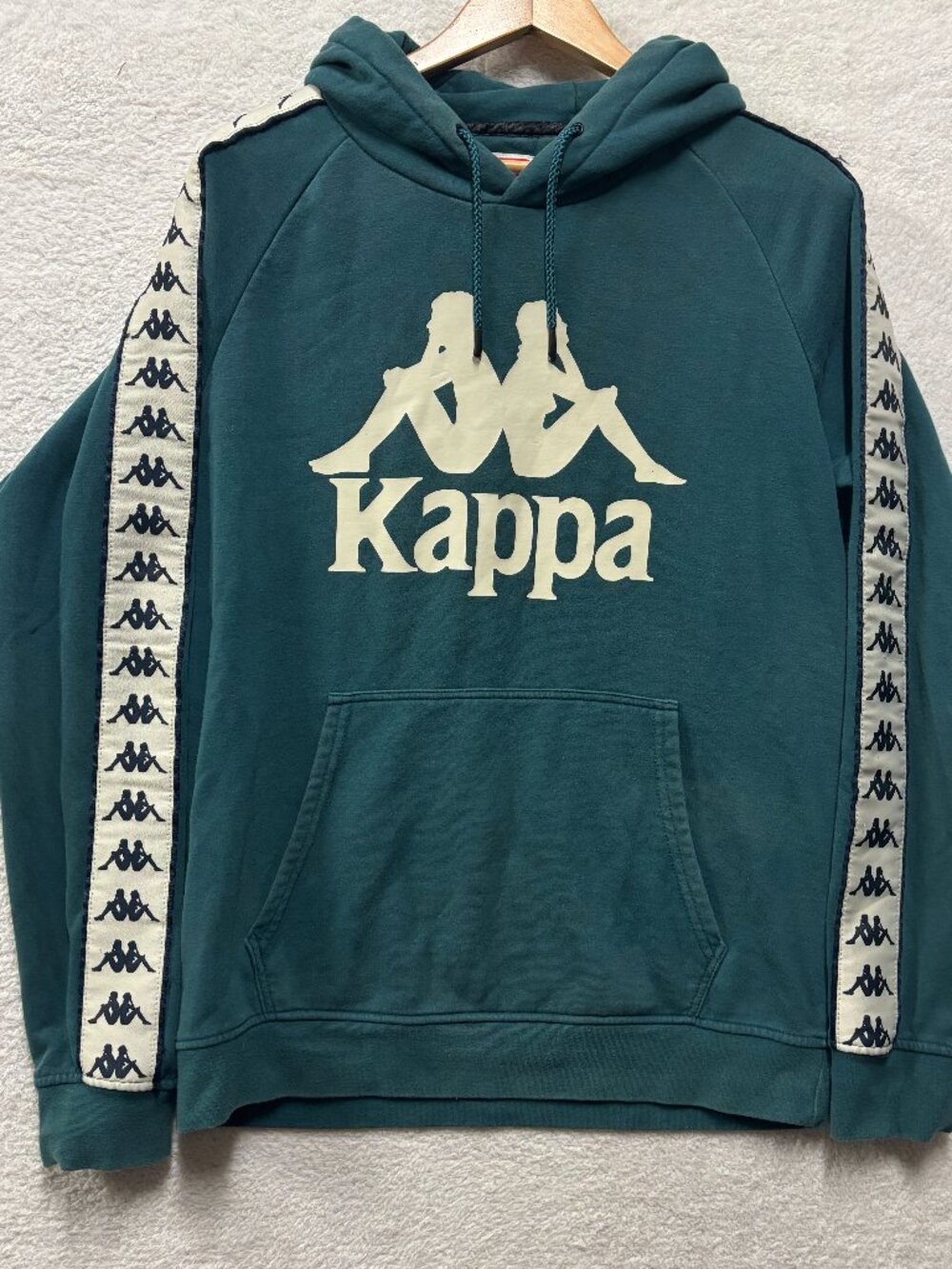 Kappa 222 Banda Hoodie Men's Large Green Teal Big Logo Taped Sleeve Pullover
